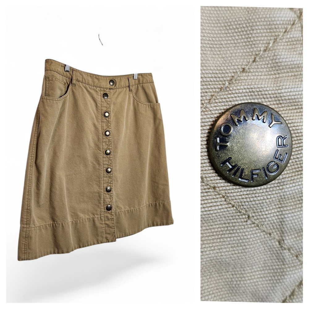 Vintage Tommy Hilfiger Khaki Denim A-Line Mini Skirt Women’s 16 Cotton Snap